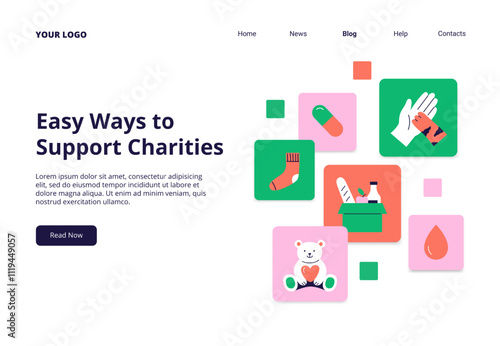 Different ways of donating and helping in the modern world. Kindness, charity, and volunteering work concept. Vector flat illustration for web banner, landing page, or promo.