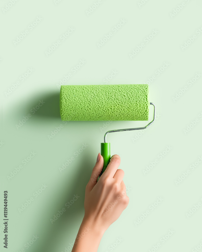 Obraz premium Woman paints wall with paint roller loaded with pastel green color, isolated background. Diy creative concept of renewal, rejuvenation, personalization, transformation of interior.