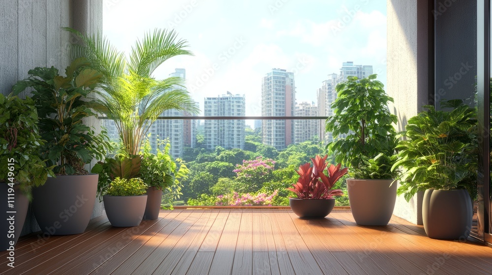 A cozy balcony space with wooden floors, vibrant plants in clean geometric planters, and a breathtaking view of a lively cityscape A cozy balcony space with wooden floors, vibrant plants in clean geometric planters, and a breathtaking view of a lively cityscape