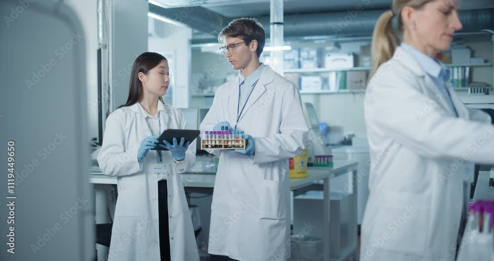 Research Team Working on Medical Drug Development in a Scientific Laboratory with Advanced Equipment. Asian Female and Young Male Scientists Discuss Online Data on Tablet, Talk and Handle Samples Research Team Working on Medical Drug Development in a Scientific Laboratory with Advanced Equipment. Asian Female and Young Male Scientists Discuss Online Data on Tablet, Talk and Handle Samples