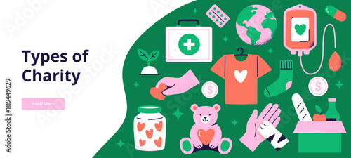 Types of donations and help in the modern world. Kindness, charity, and volunteering work concept. Vector flat illustration for web banner, landing page, or promo.