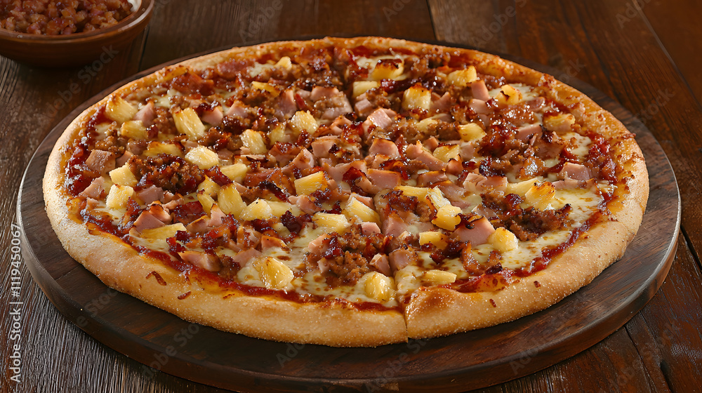 delicious Hawaiian pizza topped with ham, pineapple, and savory bacon, perfect for sharing with friends and family. Enjoy sweet and savory flavors!