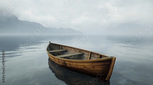 An empty wooden boat drifts on a glassy lake