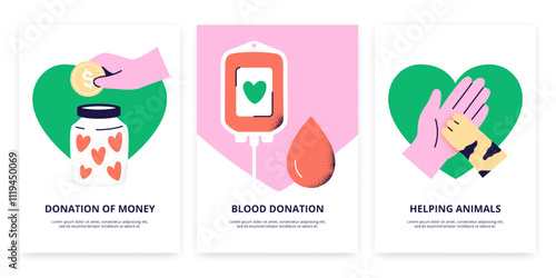 Different types of donations and help in the modern world. Kindness, charity, and volunteering work concept. Vector flat illustrations for posters or promo.
