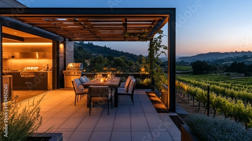 A cozy rooftop terrace with a sleek pergola, inviting dining area, and expansive views of a picturesque vineyard valley