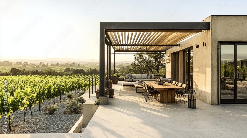 A minimalist rooftop terrace with a modern pergola, a charming dining area, and expansive views of lush vineyard fields A minimalist rooftop terrace with a modern pergola, a charming dining area, and expansive views of lush vineyard fields
