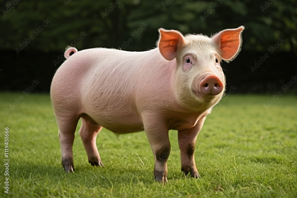 there is a pig that is standing in the grass there is a pig that is standing in the grass