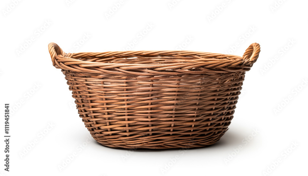 A woven wicker basket with handles isolated on white background A woven wicker basket with handles isolated on white background