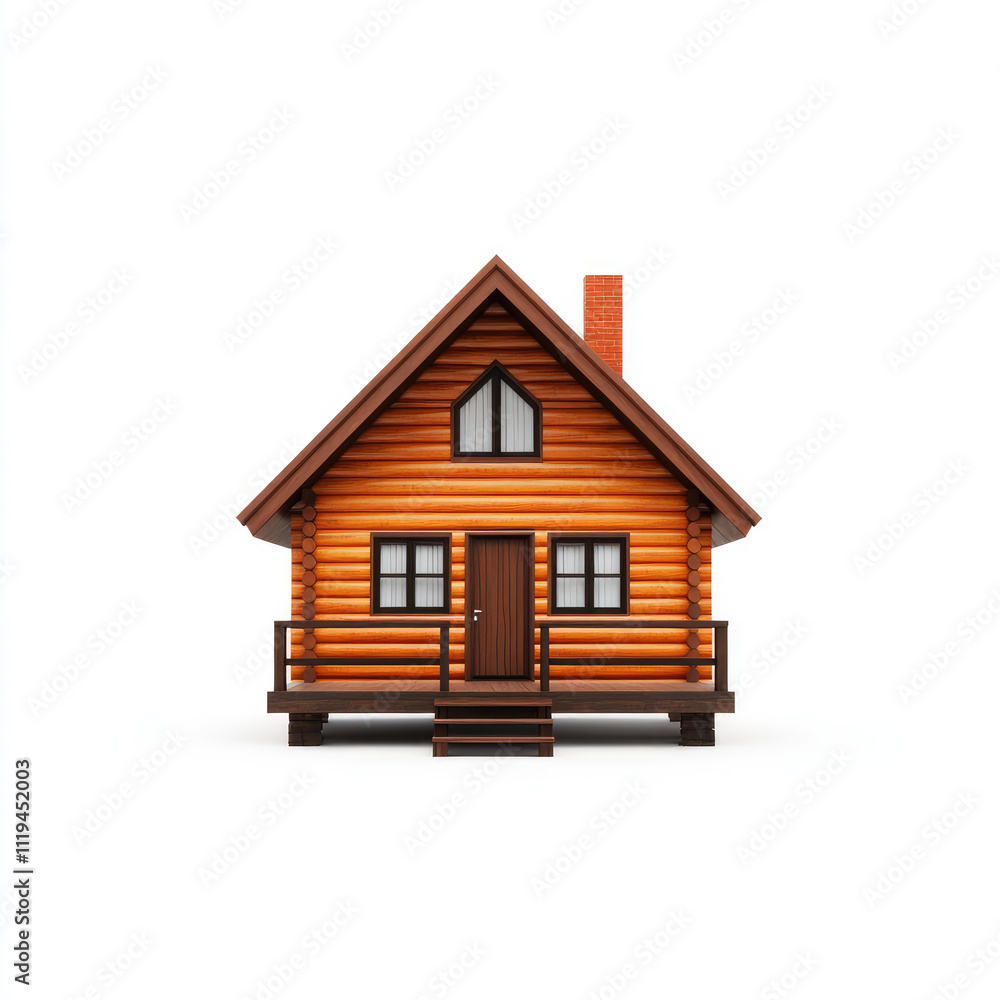 A charming wooden log cabin featuring a sloped roof, front porch, and chimney isolated on white background A charming wooden log cabin featuring a sloped roof, front porch, and chimney isolated on white background