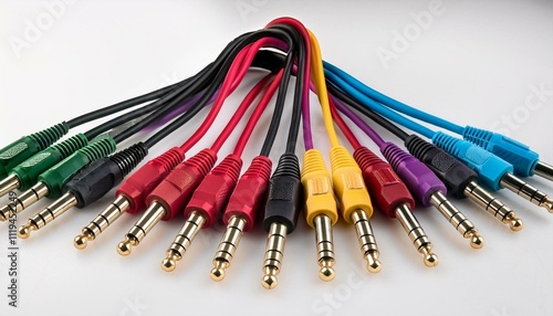 A set of guitar pedalboard cables in various colors, resting on a clean white background. These cables are used to connect different effects pedals on a pedalboard, essential for creating unique sound photo