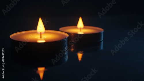 Two small tea candles burn quietly on a reflective surface, their flames casting soft reflections in the dark, creating a peaceful and intimate scene perfect for relaxation. AI generated.