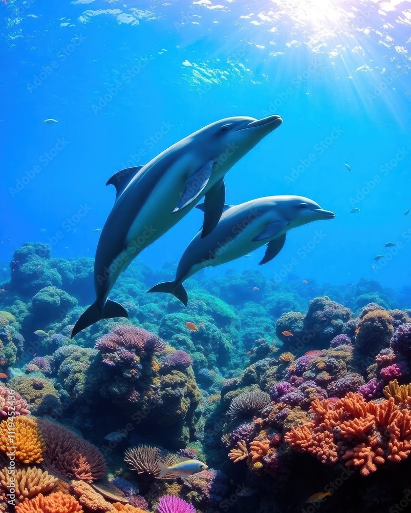 Fototapeta premium dolphins swimming in the ocean with corals and other fish