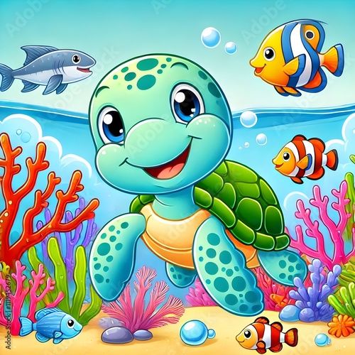 Charming Cartoon Turtle Smiling Happily in a Vibrant Underwater Scene with Colorful Coral and Playful Fish, Perfect for Children's Illustrations and Educational Materials See Less (4)_Nero AI_Photo photo