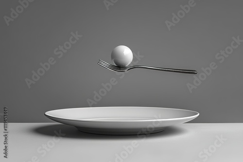 Minimalistic balance concept with egg on fork over plate photo