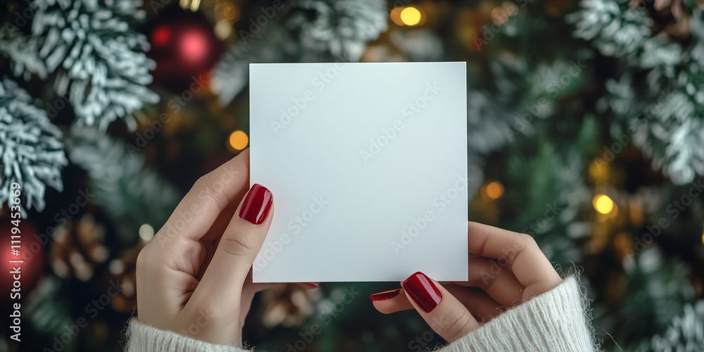 Biglietto di auguri bianco tenuto in mano da una donna. Sfondo sfocato di Natale. Spazio per testo o messaggio. Biglietto di auguri bianco tenuto in mano da una donna. Sfondo sfocato di Natale. Spazio per testo o messaggio.
