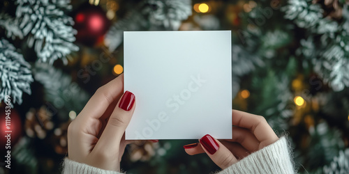Plakat w ramie Biglietto di auguri bianco tenuto in mano da una donna. Sfondo sfocato di Natale. Spazio per testo o messaggio.