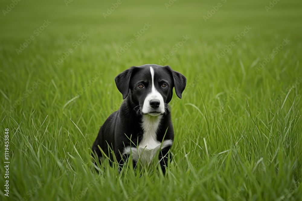 there is a black and white dog sitting in a field of tall grass there is a black and white dog sitting in a field of tall grass