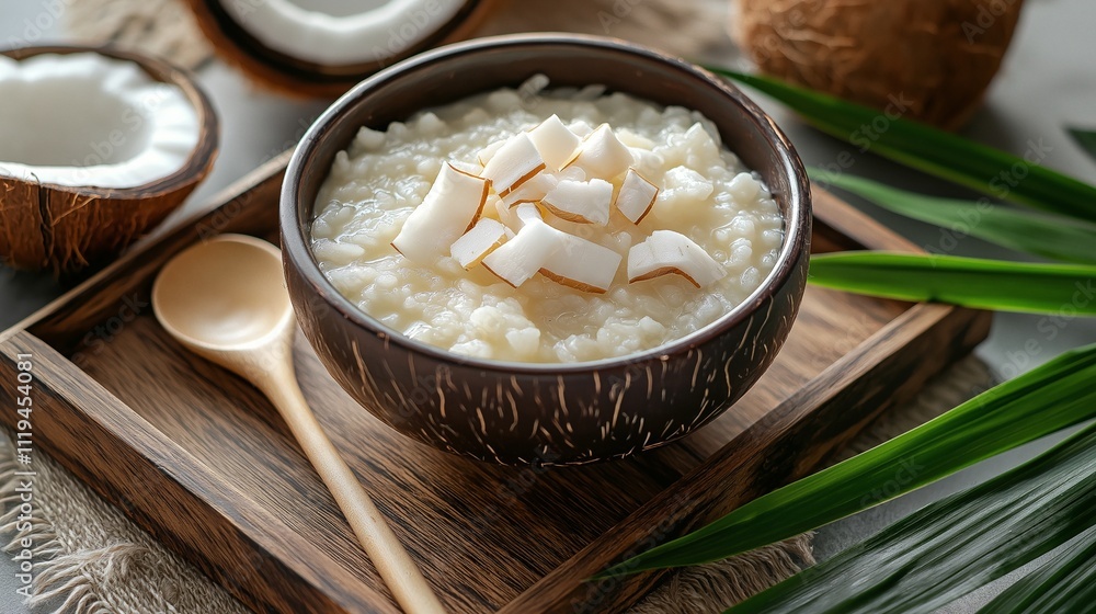 A bowl of creamy coconut rice pudding topped with coconut flakes, surrounded by fresh coconuts and green leaves. A bowl of creamy coconut rice pudding topped with coconut flakes, surrounded by fresh coconuts and green leaves.