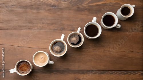 A line of coffee mugs in varying levels of fullness, symbolizing progress, choices, and stages of life photo