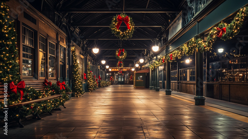 Decorated christmas train station
