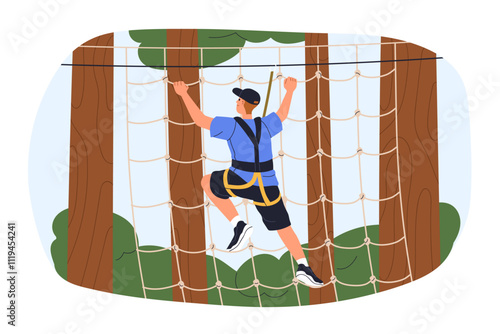 Man climbing net in outdoor rope park, active adventure activity in nature. Suspended obstacle course, physical challenge and fun in forest. Flat vector illustration isolated on white background