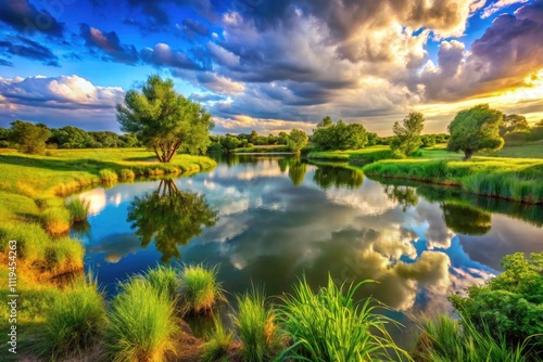 Panoramic Storm Retention Basin: Serene Pond Landscape Photography