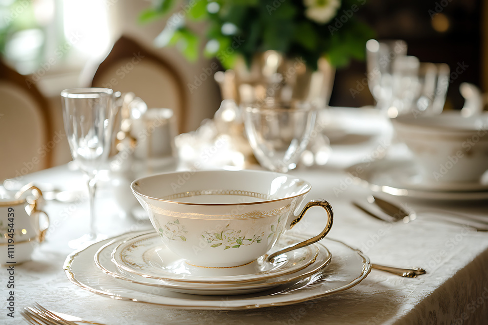 A set of elegant tableware on a dining table, A set of elegant tableware on a dining table,
