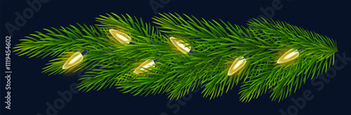 Festive Christmas garland on lush green fir branches on blue background. For holiday cards, banners, party posters and winter celebrations. Vector illustration