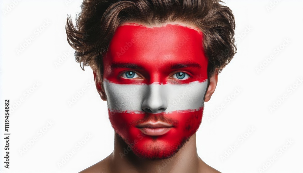 Man with Austria flag face paint, confident look, patriotic theme Man with Austria flag face paint, confident look, patriotic theme
