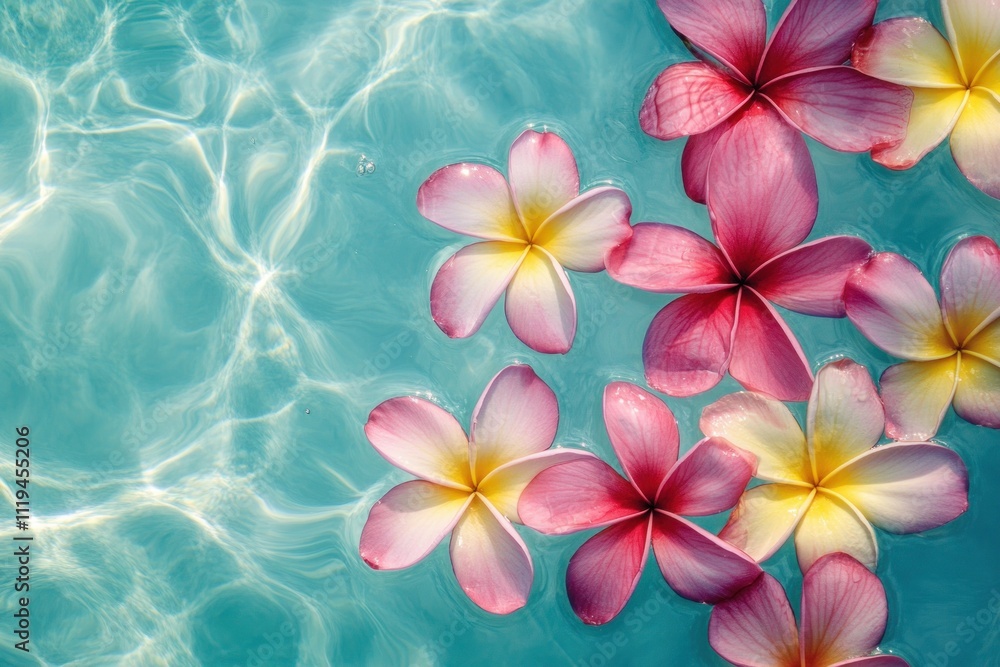 Fototapeta premium A photograph of pink and yellow frangipani flowers floating in turquoise water
