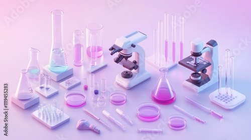 Sterile Laboratory Equipment and Microscopes with Pink Liquids