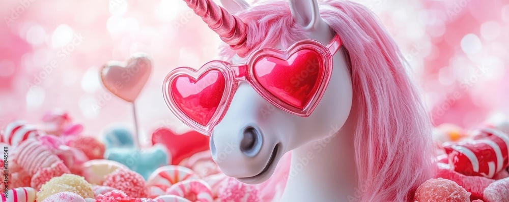Adorable Valentine Unicorn with Heart Shaped Glasses Surrounded by Sweets and Candies Adorable Valentine Unicorn with Heart Shaped Glasses Surrounded by Sweets and Candies