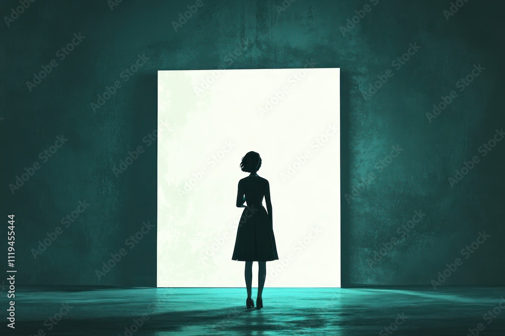 Woman Silhouette Facing Luminous Doorway In Dark Room Woman Silhouette Facing Luminous Doorway In Dark Room