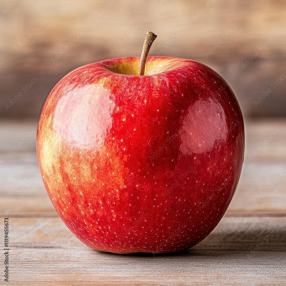A shiny red apple rests on a wooden surface, showcasing its vibrant color and smooth texture. A shiny red apple rests on a wooden surface, showcasing its vibrant color and smooth texture.