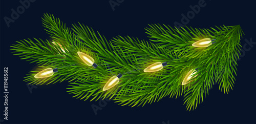 Realistic fir branch with shimmering, golden Christmas light garland on blue background. For seasonal designs, holiday event, greeting cards, banners, posters. Vector illustration