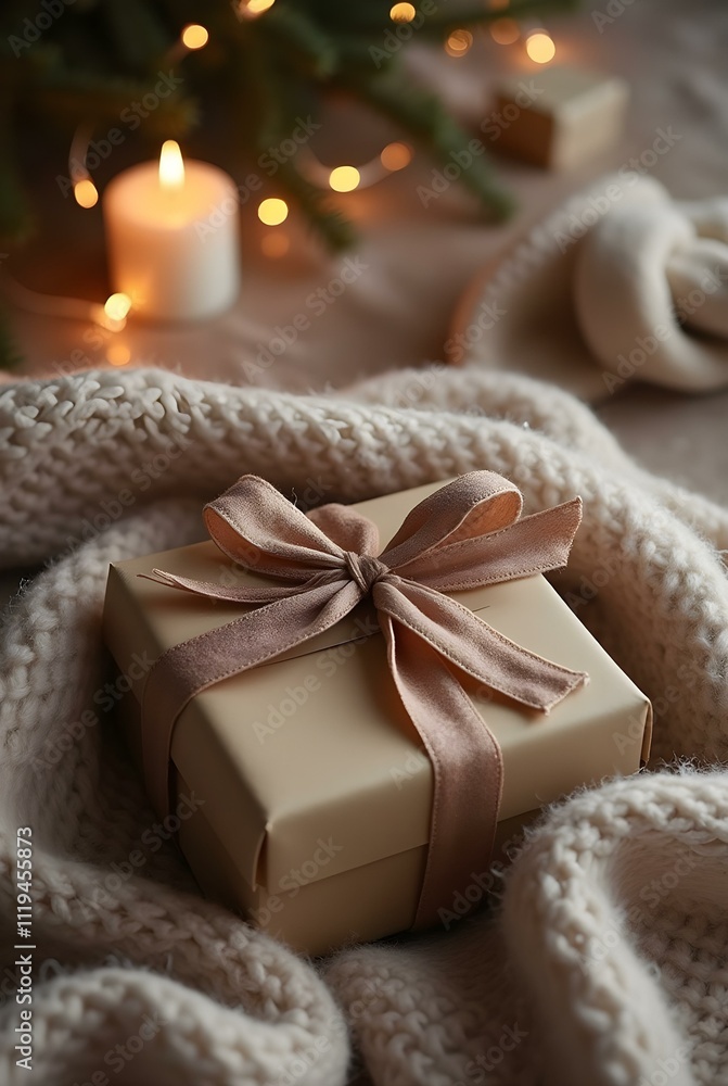A cozy and inviting still life of a beautifully wrapped three gift boxes nestled among soft, creamy-white knitted blankets, with warm, twinkling lights in the background A cozy and inviting still life of a beautifully wrapped three gift boxes nestled among soft, creamy-white knitted blankets, with warm, twinkling lights in the background