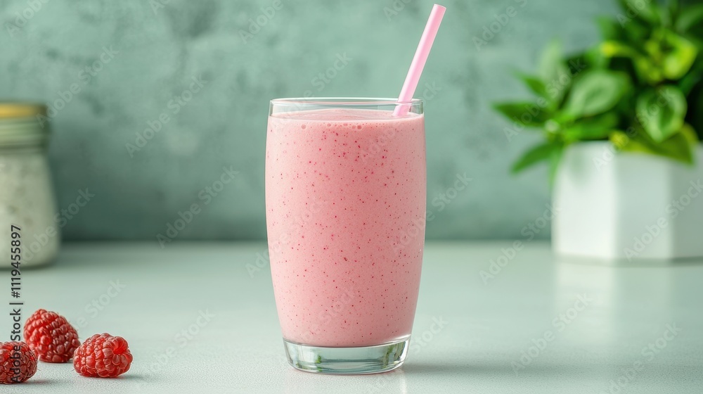 A refreshing pink smoothie in a glass, served with a straw, accompanied by fresh raspberries and a green plant in the background. A refreshing pink smoothie in a glass, served with a straw, accompanied by fresh raspberries and a green plant in the background.
