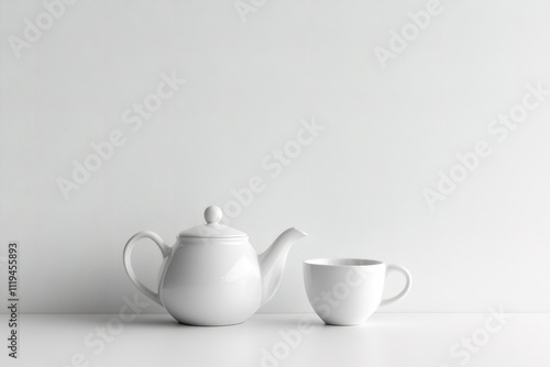 Minimalist white teapot and cup on plain background