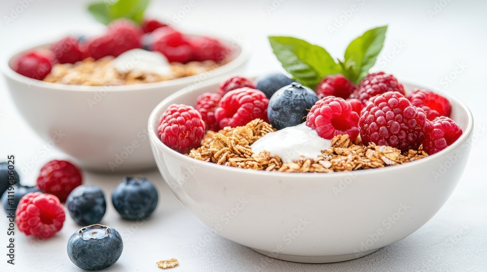A fresh and colorful breakfast featuring yogurt, granola, blueberries, and raspberries, garnished with mint leaves in white bowls. A fresh and colorful breakfast featuring yogurt, granola, blueberries, and raspberries, garnished with mint leaves in white bowls.