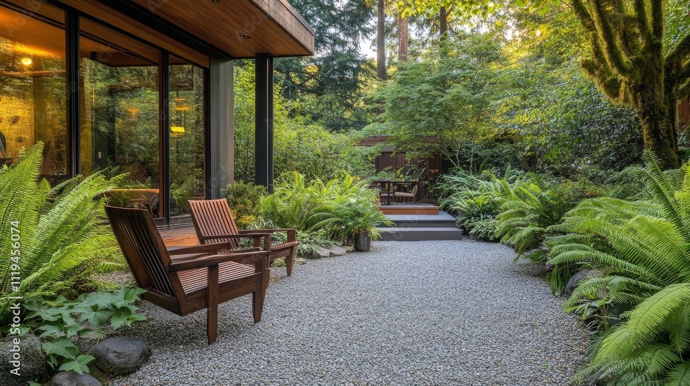 Obraz premium Contemporary patio with clean wooden seating, rich fern growth, and gravel walkways adding a touch of modern elegance to nature