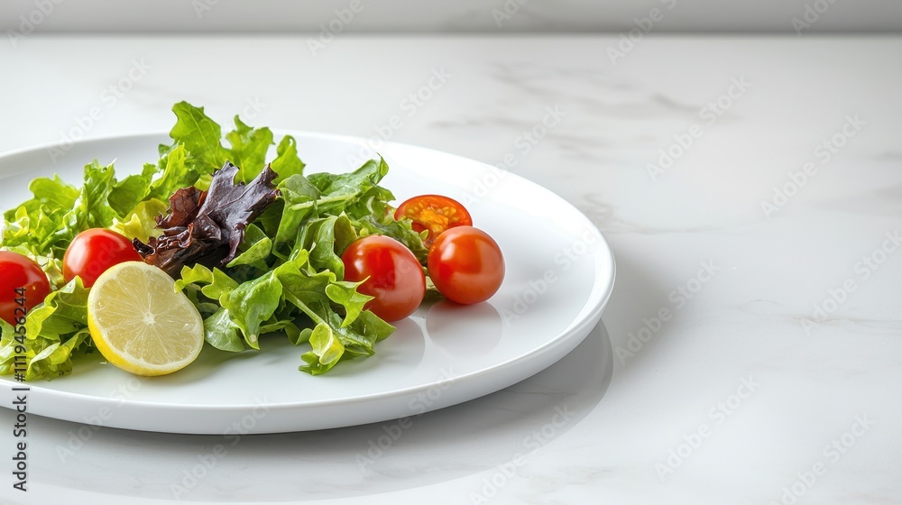 A fresh salad with mixed greens, cherry tomatoes, and a slice of lemon, presented elegantly on a white plate against a marble background. A fresh salad with mixed greens, cherry tomatoes, and a slice of lemon, presented elegantly on a white plate against a marble background.