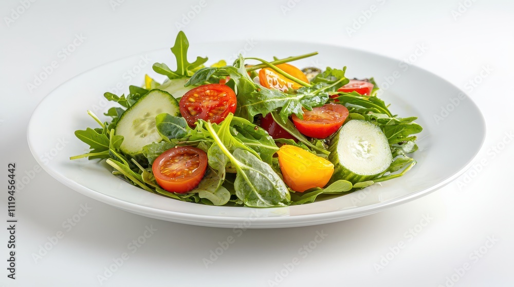 A fresh, vibrant salad featuring mixed greens, cherry tomatoes, cucumbers, and colorful bell peppers on a white plate. A fresh, vibrant salad featuring mixed greens, cherry tomatoes, cucumbers, and colorful bell peppers on a white plate.