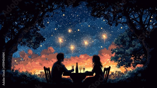 Romantic New Year's Eve on a Balcony with Fireworks, Champagne, and City Lights