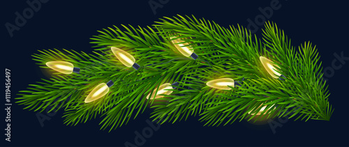 Sparkling Christmas lights illuminate vibrant fir branch on blue background. For festive designs, New Year, Christmas greeting cards, banners. Vector illustration