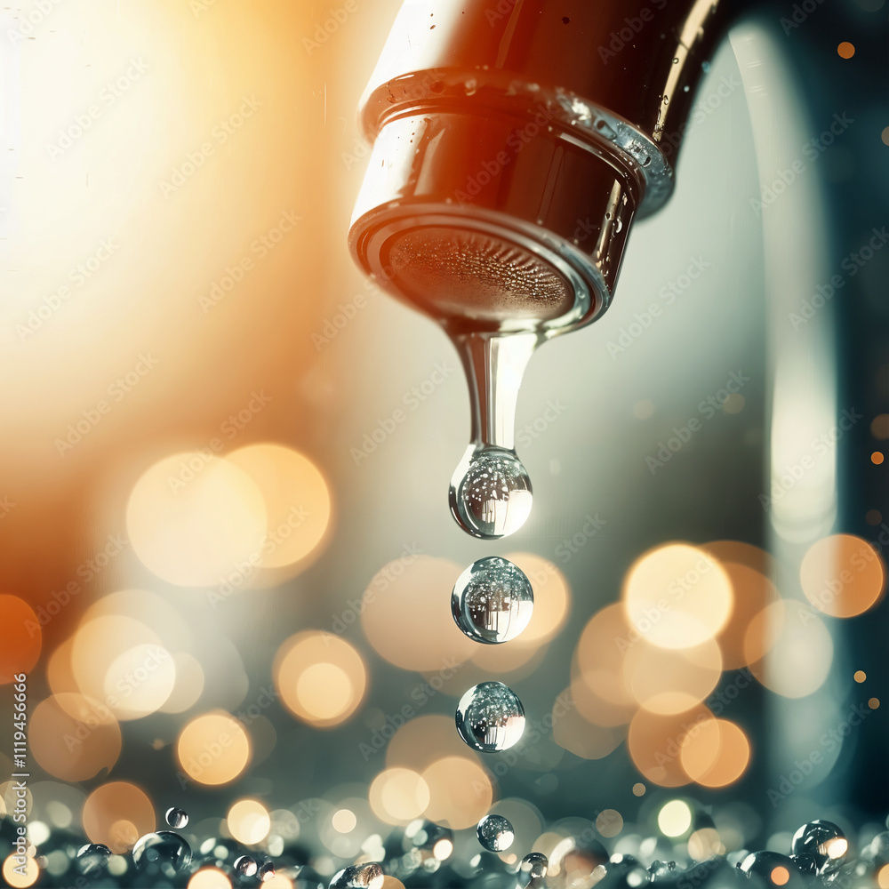 Droplets falling from a faucet captured mid-motion against a glowing background Droplets falling from a faucet captured mid-motion against a glowing background