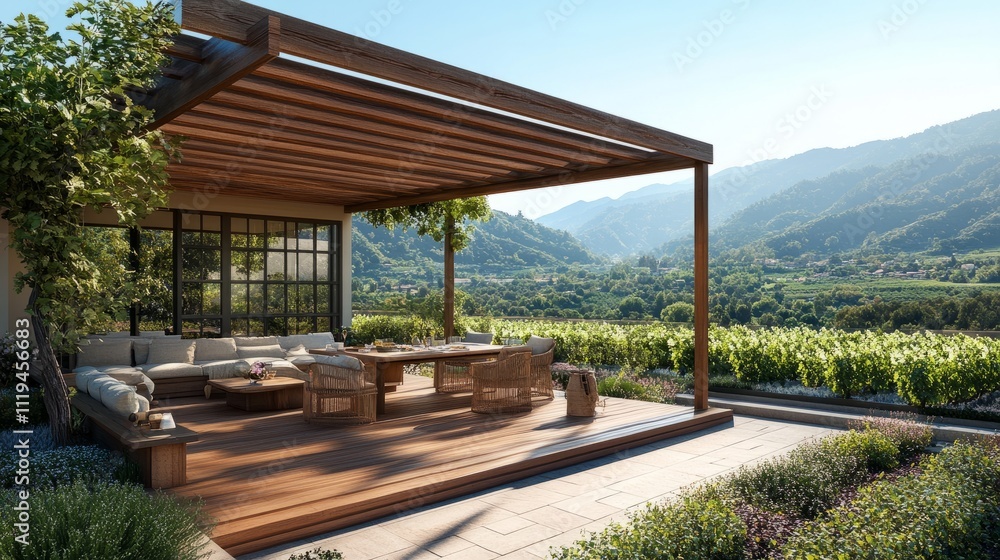 Elegant rooftop terrace featuring a wooden pergola, cozy dining area, and breathtaking views of lush vineyards stretching across a serene valley Elegant rooftop terrace featuring a wooden pergola, cozy dining area, and breathtaking views of lush vineyards stretching across a serene valley