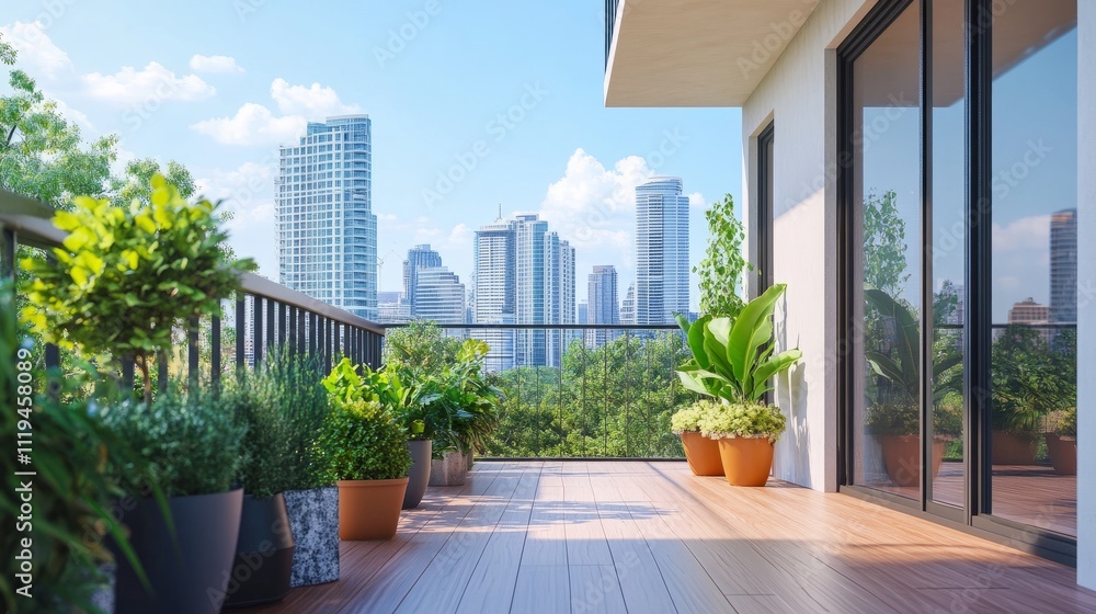 Modern balcony design with smooth wooden floors, vibrant plants in angular pots, and a striking urban skyline in the distance Modern balcony design with smooth wooden floors, vibrant plants in angular pots, and a striking urban skyline in the distance