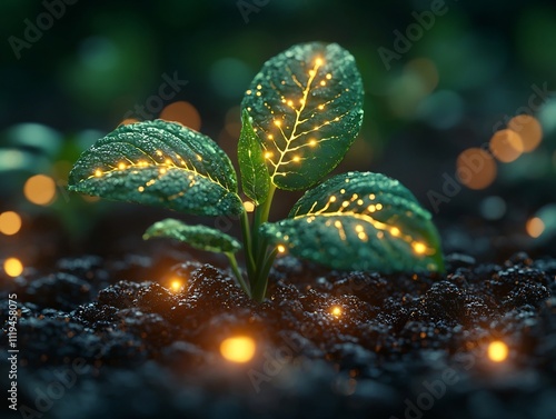 Genetically Engineered Plant Growing in High Tech Greenhouse with Glowing Foliage and Unique Patterns Symbolizing Scientific Advancements in photo