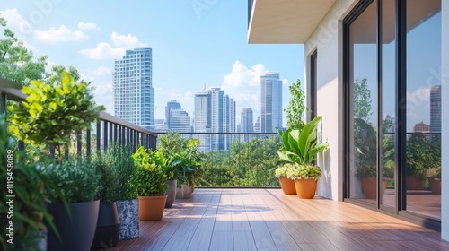 Wallpaper Mural Modern balcony design with smooth wooden floors, vibrant plants in angular pots, and a striking urban skyline in the distance Torontodigital.ca