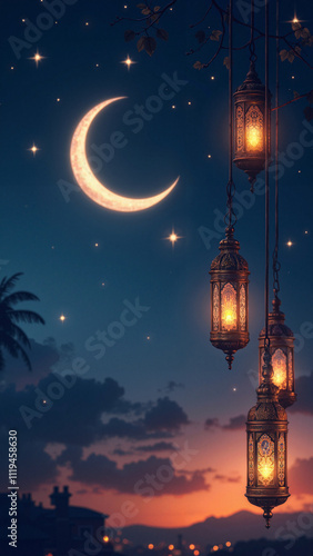 Ramadan Night Sky: Crescent Moon, Stars, and Lanterns - Perfect for Event Marketing and Spiritual Reflections